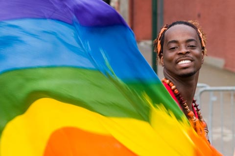 Displaying the rainbow flag of gay rights activists