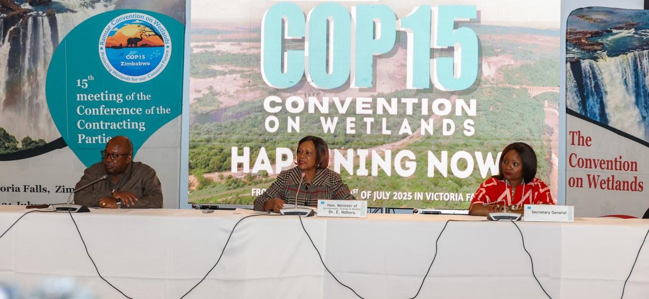 Secretary General Musonda Mumba speaks at a press conference ahead of the #WetlandsCOP15, which officially kicks off today in Victoria Falls.