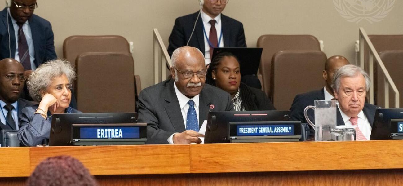UN Secretary-General António Guterres (right) and UN General Assembly President Philémon Yang (centre) participate in the High-Level Political Dialogue on Reparatory Justice during the Africa Dialogue Series 2025 at UN Headquarters in New York.