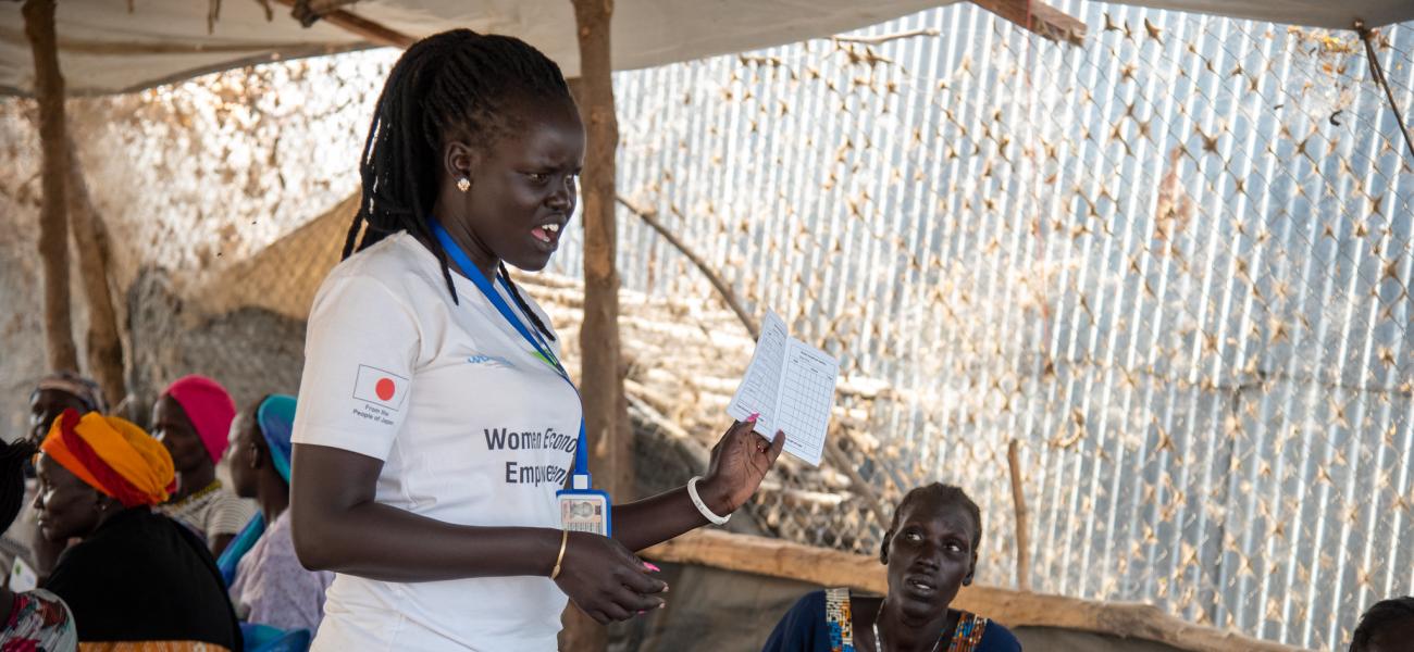 Members of a Village Savings and Loans Association in Rubkona, South Sudan. Through partners, Women Vision, UN Women South Sudan is empowering the women of Rubkona IDP camp through the VSLAs, enabling them to engage in productive businesses in the wake of COVID-19.