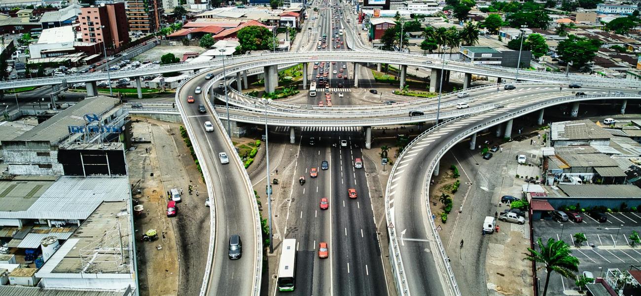 Aerial View of Flyover Roads and Highways in District Autonome d'Abidjan, Côte d'Ivoire.