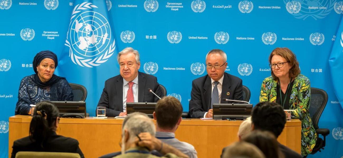 Secretary-General António Guterres (centre left) briefs reporters on the launch of the Sustainable Development Goals Report 2025. With him are Deputy Secretary-General Amina Mohammed (left) and Li Junhua (centre right), Under-Secretary-General for Economic and Social Affairs, and Bjørg Sandkjær, Assistant Secretary-General for Policy Coordination in the Department of Economic and Social Affairs.