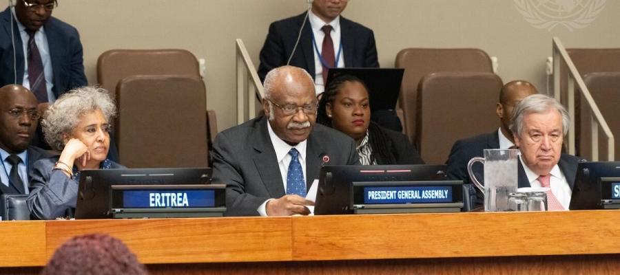UN Secretary-General António Guterres (right) and UN General Assembly President Philémon Yang (centre) participate in the High-Level Political Dialogue on Reparatory Justice during the Africa Dialogue Series 2025 at UN Headquarters in New York.