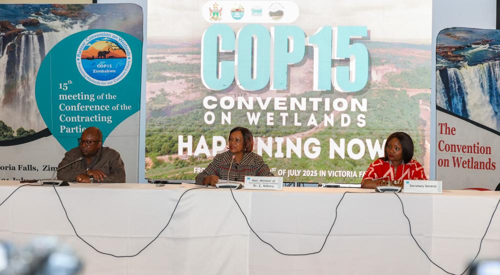 Secretary General Musonda Mumba speaks at a press conference ahead of the #WetlandsCOP15, which officially kicks off today in Victoria Falls.