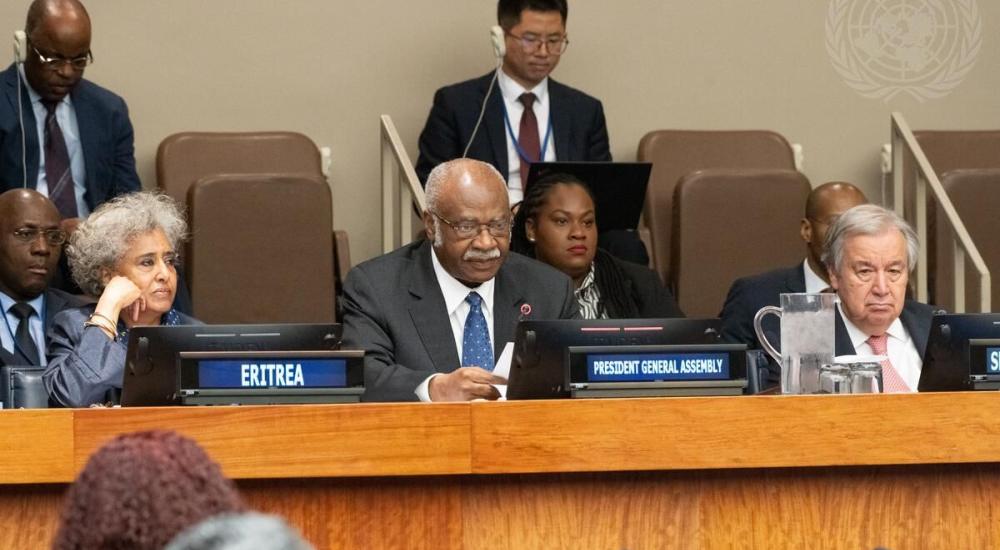 UN Secretary-General António Guterres (right) and UN General Assembly President Philémon Yang (centre) participate in the High-Level Political Dialogue on Reparatory Justice during the Africa Dialogue Series 2025 at UN Headquarters in New York.