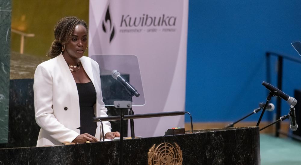 Germaine Tuyisenge Müller, Global Health Researcher, Author, Educator and Survivor, speaks during the 31st commemoration of the 1994 Genocide against the Tutsi in Rwanda on the International Day of Reflection on the Genocide against the Tutsi in Rwanda at UNHQ, in New York.