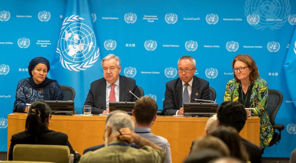 Secretary-General António Guterres (centre left) briefs reporters on the launch of the Sustainable Development Goals Report 2025. With him are Deputy Secretary-General Amina Mohammed (left) and Li Junhua (centre right), Under-Secretary-General for Economic and Social Affairs, and Bjørg Sandkjær, Assistant Secretary-General for Policy Coordination in the Department of Economic and Social Affairs.