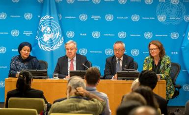 Secretary-General António Guterres (centre left) briefs reporters on the launch of the Sustainable Development Goals Report 2025. With him are Deputy Secretary-General Amina Mohammed (left) and Li Junhua (centre right), Under-Secretary-General for Economic and Social Affairs, and Bjørg Sandkjær, Assistant Secretary-General for Policy Coordination in the Department of Economic and Social Affairs.