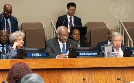 UN Secretary-General António Guterres (right) and UN General Assembly President Philémon Yang (centre) participate in the High-Level Political Dialogue on Reparatory Justice during the Africa Dialogue Series 2025 at UN Headquarters in New York.