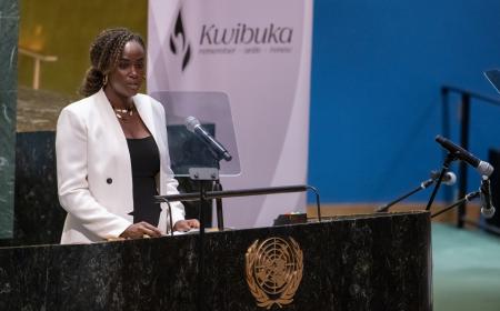 Germaine Tuyisenge Müller, Global Health Researcher, Author, Educator and Survivor, speaks during the 31st commemoration of the 1994 Genocide against the Tutsi in Rwanda on the International Day of Reflection on the Genocide against the Tutsi in Rwanda at UNHQ, in New York.