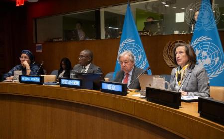 Secretary-General António Guterres (second from right) hosts a meeting on Climate and Just Transition convened with Luiz Inácio Lula da Silva (not pictured), President of Brazil.