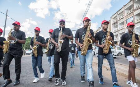 Musicians perform on the streets of Maputo, Mozambique, on International Jazz Day 2019. Photo: Mauro Vombe
