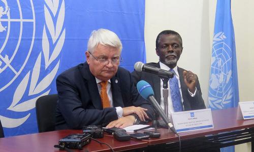 Peacekeeping chief Hervé Ladsous announcing at a press conference that the UN has established a weapons-free zone in the town of Bambari in the Central African Republic (CAR). Special Representative in CAR Parfait Onanga-Anyanga is at right. UN Photo/Bits