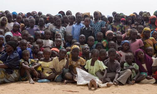 Children and adults in the Minawao camp for Nigerian refugees in the Far North Region of Cameroon.