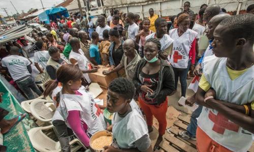 A WFP distribution centre in the heavily-populated West Point neighbourhood of Monrovia in Liberia, which was quarantined in response to the Ebola outbreak. Photo: WFP/Rein Skullerud