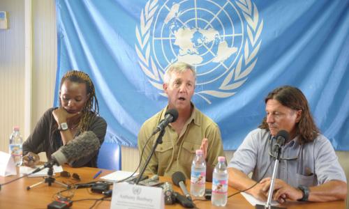 Head of the UN Mission for Ebola Emergency Response (UNMEER) Anthony Banbury (centre) speaks to reporters in Monrovia, Liberia. Photo: UNMIL/Emmanuel Tobey