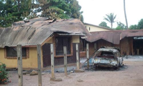 The St Michel church and adjacent priest’s house were torched during protests in Bangui sparked by the killing of a Muslim man. Photo: Crispin Dembassa-Kette/IRIN