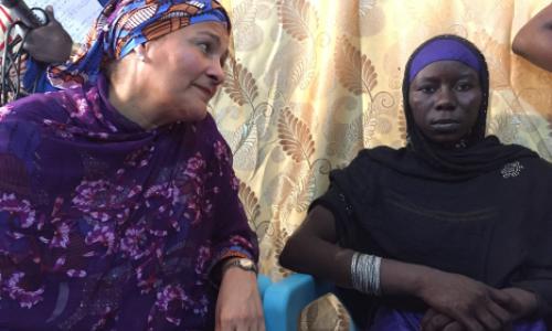 In Bol, Chad, the Deputy Secretary-General, Amina Mohammed meets Halima Yakoy Adam who survived a Boko Haram suicide bombing mission. Photo: Daniel Dickinson, UN News