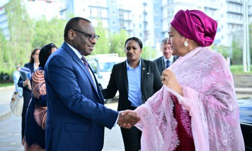 Mr. Claver Gatete, Under-Secretary-General and Executive Secretary of the ECA, welcomes Ms. Amina J. Mohammed, Deputy Secretary-General of the United Nations and Chair of the United Nations Sustainable Development Group, at the start of the Africa Regional Forum on Sustainable Development (ARFSD-10).