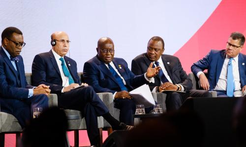 A group of five people at the leaders panel on stage at the UK-Africa Investment Summit.
