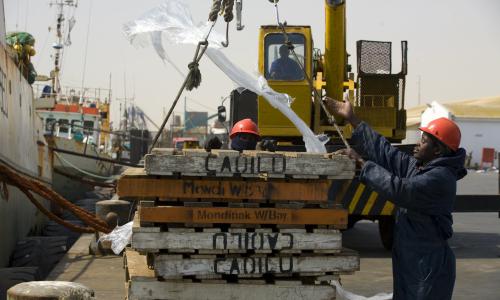 Walvis Bay on the Atlantic Ocean is the main port in Namibia and home to many fishing companies.