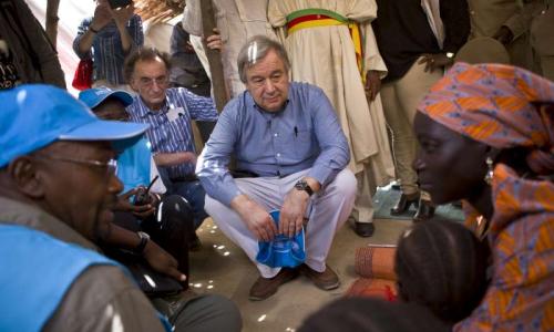 The UN High Commissioner for Refugees listens as Mariam, a Nigerian refugee in Cameroon, describes the attack on her village that forced her to flee.