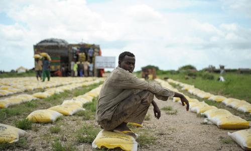 A man rests on a bag of rice distributed by Qatar Charity for iternally displaced people (IDPs) affected by flooding and clan conflict in Jowhar, Somalia. November (2013)UN Photo/Tobin Jones