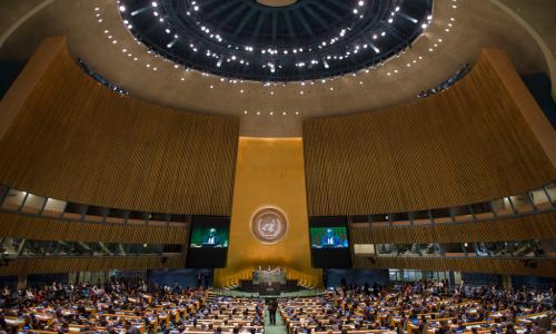A wide view of the General Assembly Hall. UN Photo/Amanda Voisard