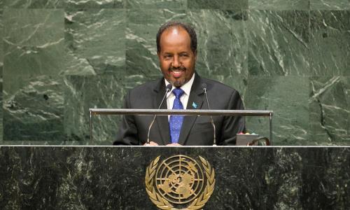 Hassan Sheikh Mohamud, President of the Somali Republic, addresses the General Assembly. UN Photo/Kim Haughton