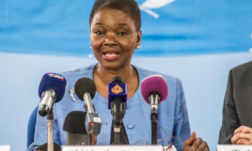 Under-Secretary-General for Humanitarian Affairs and Emergency Relief, Valerie Amos, briefs journalists on her visit to South Sudan. UN Photo/Isaac Gideon