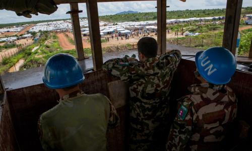 Peacekeepers of the UN Mission in Sudan (UNMISS) man a guard post overlooking a POC (Protection of Civilians) site in Juba.