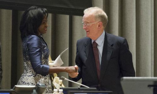 The two laureates, Helena Ndume of Namibia and Jorge Fernando Branco Sampaio of Portugal. Photo: UN/Rick Bajornas