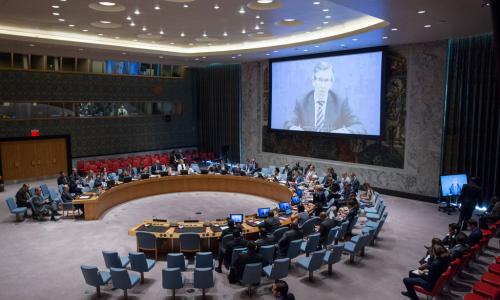 Special Representative and Head of the UN Support Mission in Libya (UNSMIL), Bernardino Léon (shown on screen), briefs the Security Council.
