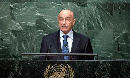 Agila Saleh Essa Gwaider, Acting Head of State of Libya, addresses the general debate of the General Assembly’s seventieth session. UN Photo/Amanda Voisard