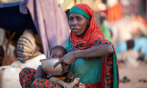 A displaced mother prepares food for her child outside the UNAMID base in Um Baru, North Darfur. UN Photo/Hamid Abdulsalam