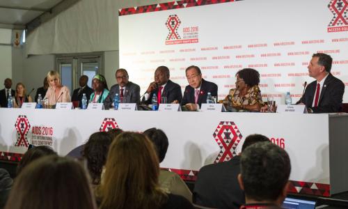 Secretary-General Ban Ki-moon (3rd right) speaks at the opening press conference of the 21st International AIDS Conference (AIDS 2016), in Durban, South Africa. UN Photo/Rick Bajornas