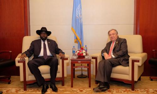 Secretary-General António Guterres (right) meets with Salva Kiir, President of South Sudan, at the 28th summit of the African Union (AU), in Addis Ababa, Ethiopia. UN Photo/Antonio Fiorente