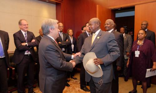 Secretary-General António Guterres meets President of Uganda Yoweri Kaguta Museveni at the 28th summit of the African Union (AU), in Addis Ababa, Ethiopia. Photo credit: UN Photo/Antonio Fiorente
