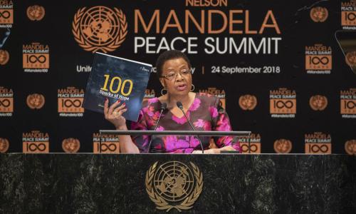 Graça Machel, member of The Elders and widow of Nelson Mandela, makes remarks during the Nelson Mandela Peace Summit.