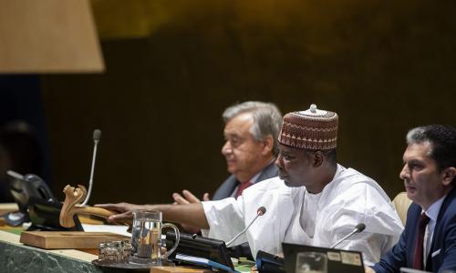 Tijjani Muhammad-Bande (centre), President of the seventy-fourth session of the United Nations General Assembly, opens the general debate of the seventy-fourth session of the General Assembly.