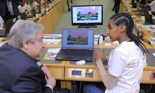 Secretary-General António Guterres attends a Science, Technology, Engineering and Mathematics (STEM) Event on Digital Coding at the 32nd Assembly of the African Union in Addis Ababa, Ethiopia. Photo Credits:UN Photo/Antonio Fiorente