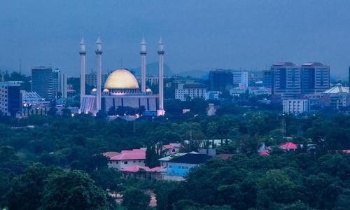Wide view of Abuja, Nigeria, early evening.