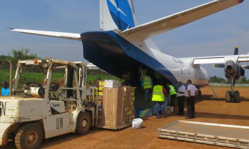 In Beni, north-eastern DRC, MONUSCO staff unload medical supplies and logistics from an aircraft,for use in the response against the Ebola outbreak in the region. Alongside the response, the country prepares to hold parliamentary election on 23 December