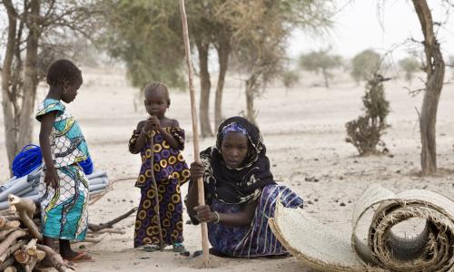 Nigerian refugee Boussam installs a pole to start building a shelter in Sayam Forage camp, in Niger’s Diffa region. Photo: UNHCR/Hélène Caux