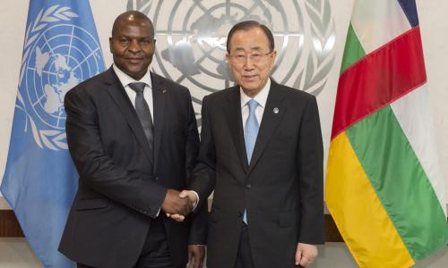 Secretary-General Ban Ki-moon (right) meets with Faustin Archange Touadera, President, Central African Republic (CAR). UN Photo/Eskinder Debebe