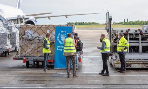 Humanitarian aid being prepared by workers for loading next to airplane.