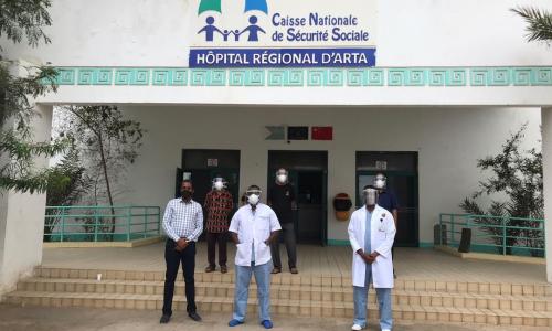 Doctors from Hôpital Régional d'Arta in Djibouti wearing 3D-printed face shields.