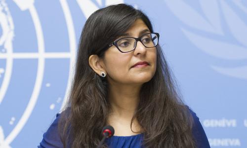 Martin Ravina Shamdasani, OHCHR spokesperson briefs the press at the Palais des Nations. 7 September 2018.  Photo credits: UN Geneva/Violaine