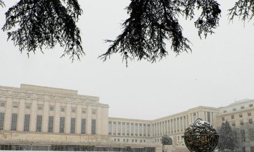 Manzari ya ofisi za Umoja wa Mataifa Geneva (UNOG) hali mbaya ya theluji ikitarajiwa. o1 Februari 2019. Picha: Daniel Johnson/UNOG