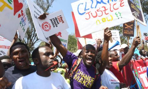 Environmental activists carrying placards protest calling for action on climate change.